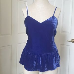 J. CREW Velvet Camisole Top Cobalt Blue Thin Straps Flutter Ruffle Hem